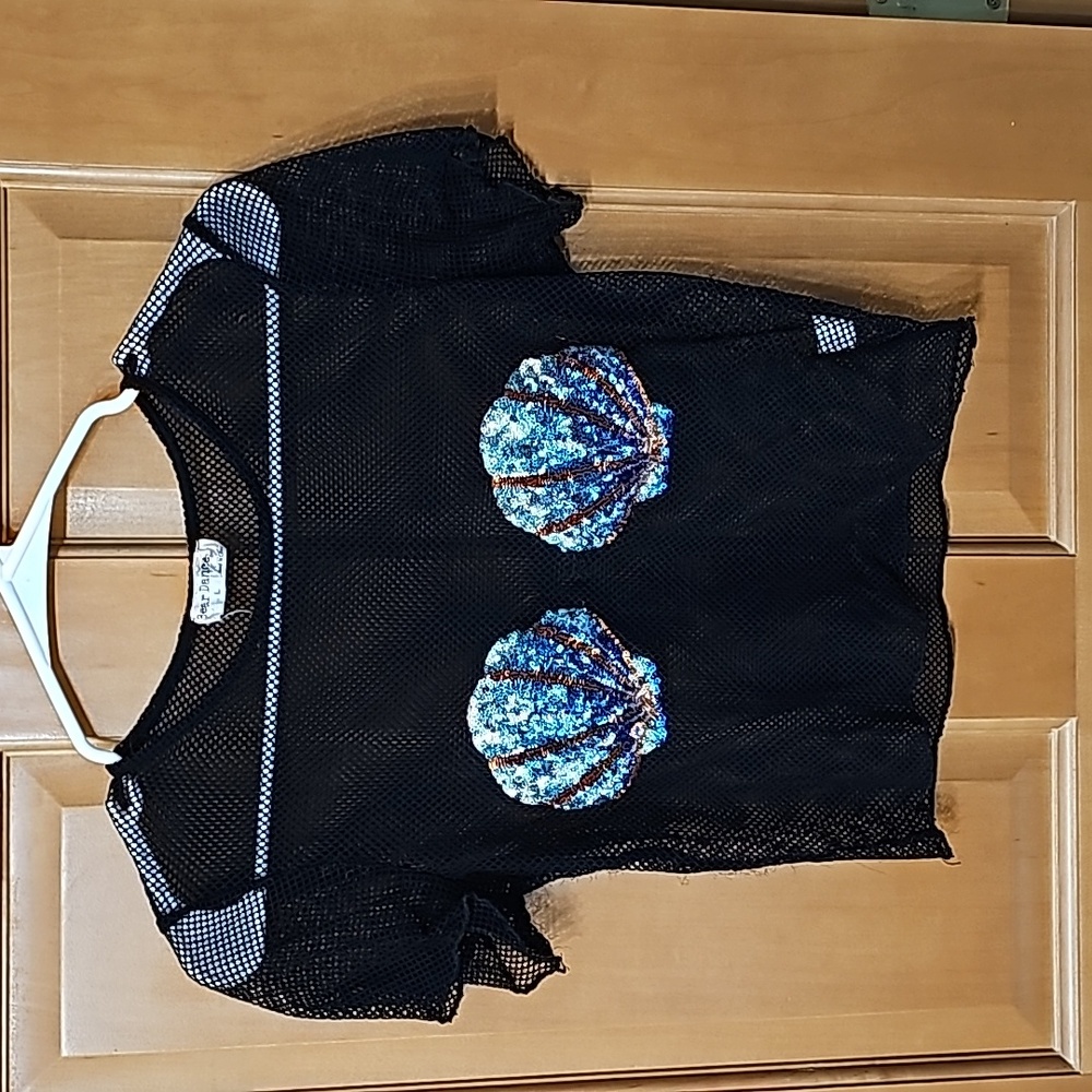🆕️ Black Mesh Sequin Seashell See Through SS Swimsuit Cover or Crop Top